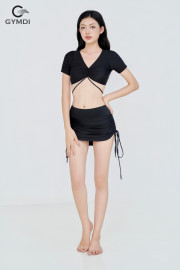 Bikini cạp cao áo croptop quần váy rút dây đen 