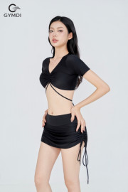 Bikini cạp cao áo croptop quần váy rút dây đen 