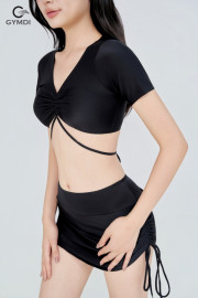 Bikini cạp cao áo croptop quần váy rút dây đen 