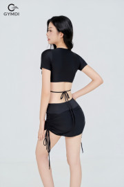 Bikini cạp cao áo croptop quần váy rút dây đen 