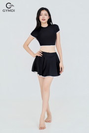Bikini cạp cao áo croptop quần váy xòe đen 