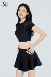 Bikini cạp cao áo croptop quần váy xòe đen 