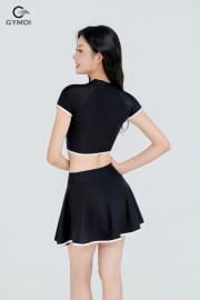 Bikini cạp cao áo croptop quần váy xòe đen 