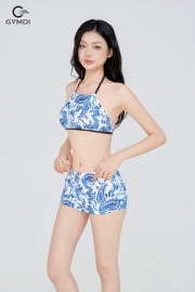 Bikini cạp cao áo yếm quần đùi xanh 