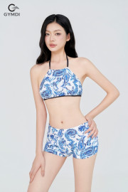 Bikini cạp cao áo yếm quần đùi xanh 