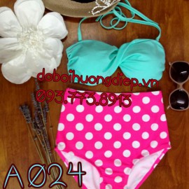 Bikini áo xoắn xanh - quần hồng chấm bi