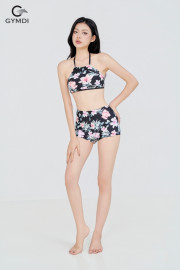 Bikini cạp cao áo yếm quần đùi hoa đen 