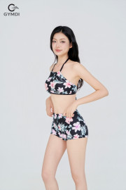 Bikini cạp cao áo yếm quần đùi hoa đen 