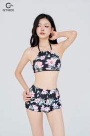 Bikini cạp cao áo yếm quần đùi hoa đen 