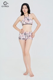 Bikini cạp cao áo yếm quần đùi họa tiết lá