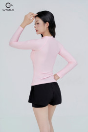 Bộ bơi dài tay khóa kéo quần đùi 2 lớp hồng phối đen 