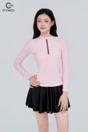 Bộ bơi dài tay khóa kéo hồng phối chân váy cạp cao đen