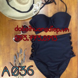 Bikini áo cúp ngực đen - quần đan dây