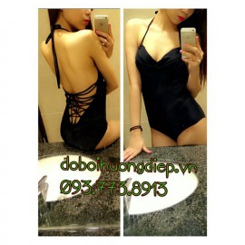 Bộ liền đen đan dây lưng - C001