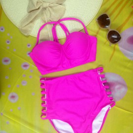 Bikini cạp cao - áo croptop đan dây hồng A065
