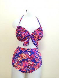 Bikini cạp cao hoa cam nền xanh coban 6T17