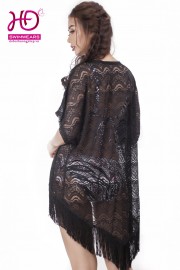 Áo lưới kimono thổ cẩm ren tua rua đen AL020