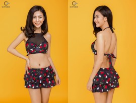 Bikini áo yếm chân váy hai tầng quả cherry pha ren 18080