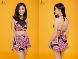 Bikini áo yếm pha ren chân váy thổ cẩm kẻ đen 18112